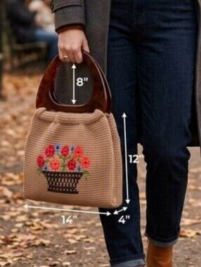 Vtg Crochet Floral Cross Stitch Handbag Tortoise Plastic Top Handle Boho Tote